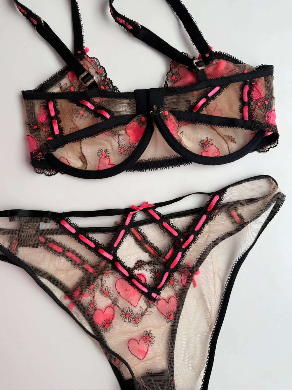Honey Birdette Set Pasha Pink Black bra 8f 30g sister cup size 32ddd panty S